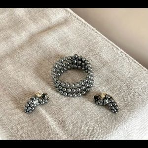 Vintage Grey Pearl Cuff Bracelet and Earrings Set